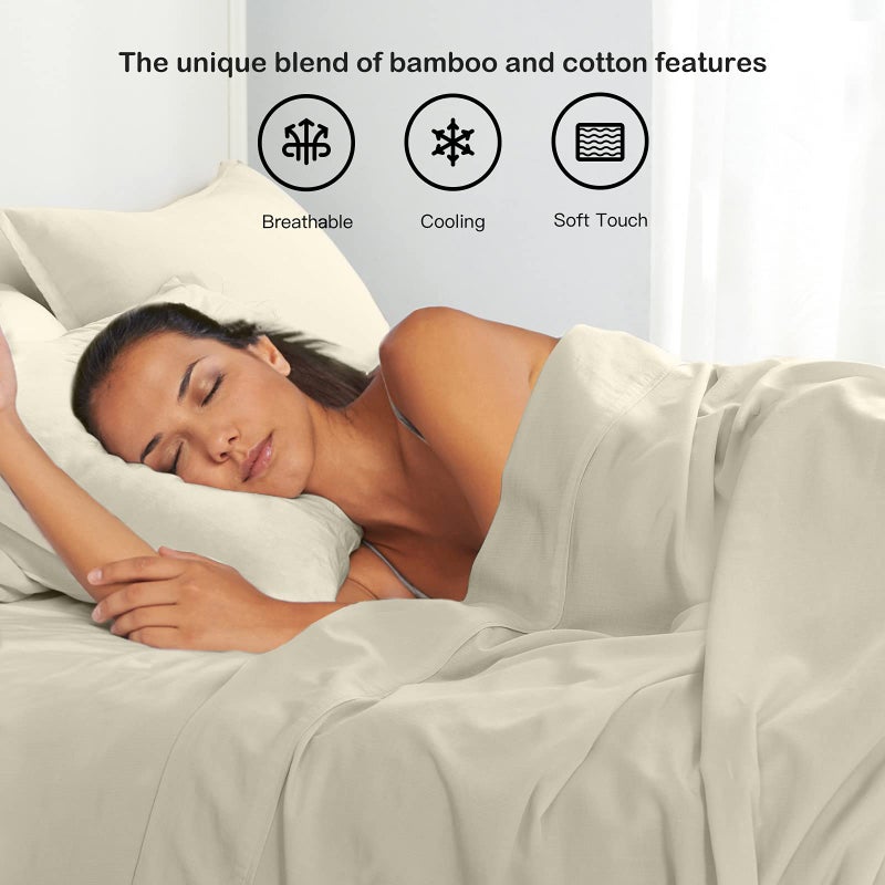 PANDATEX Beige Linen-Textured Bed Sheets Set, Bamboo Rayon, Cotton, Linen Blend Bed Sheets King Size, Soft Cool & Breathable for Hot Sleepers,Durable Natural Organic Bed 15'' Deep Pocket - 4 Piece - Image 4